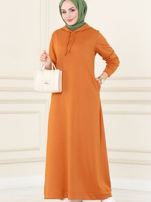 Koyu Hardal Kapüşonlu Spor Elbise