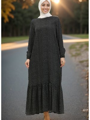 Etek Ucu Büzgülü Puantiyeli Viskon Elbise Etek Ucu Büzgülü Puantiyeli Viskon Elbise