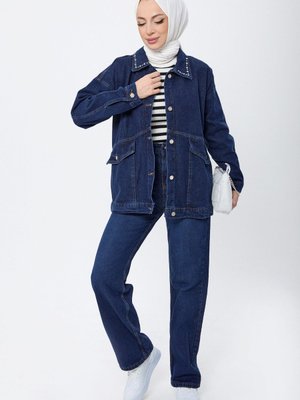 Koyu Mavı Yakası Taş Detaylı Kot Ceket