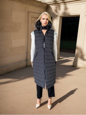 Koyu Gri Kürk Kapüşonlu Kemerli Şişme Yelek