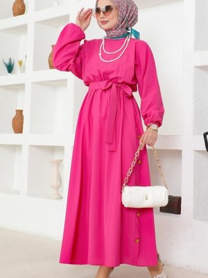 Fuşya Düğme Detaylı Terikoton Elbise Fuşya Düğme Detaylı Terikoton Elbise