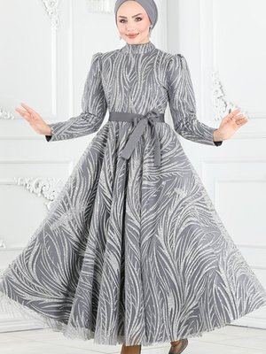 Gri Işıltılı Simli Tül Abiye Elbise