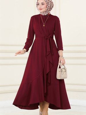 Bordo Eteği Volanlı Elbise Bordo Eteği Volanlı Elbise