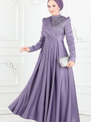 Lila Taş İşlemeli Saten Abiye Elbise