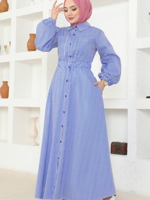 Saks Çizgili Poplin Elbise