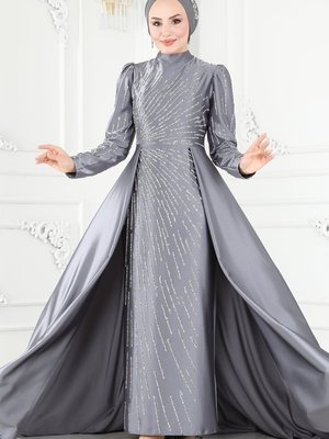 Gri Taş Detaylı Kuyruklu Abiye Elbise Gri Taş Detaylı Kuyruklu Abiye Elbise