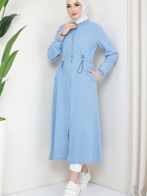 Ribanalı Bağlamalı Kot Kap Açık Mavi