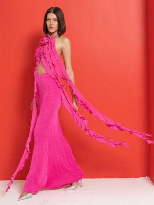 Fuşya Beli Lastikli Uzun Etek