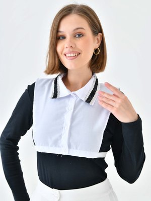 Beyaz Dantel Ve Deri Detaylı Gömlek Yaka