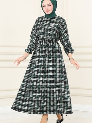 Zümrüt Beli Lastikli Kışlık Elbise