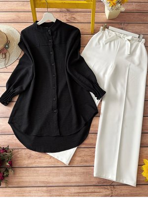 Kombin Nervürlü Tunik Ve Pantolon Takım Siyah