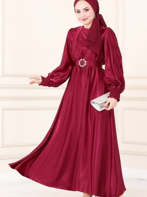 Bordo Beli Lastikli Saten Elbise Bordo Beli Lastikli Saten Elbise