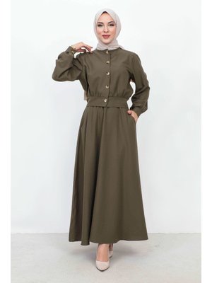Haki Eteği Cepli Düğmeli İkili Takım