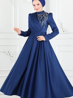 Lacivert Taş İşlemeli Saten Abiye Elbise Lacivert Taş İşlemeli Saten Abiye Elbise