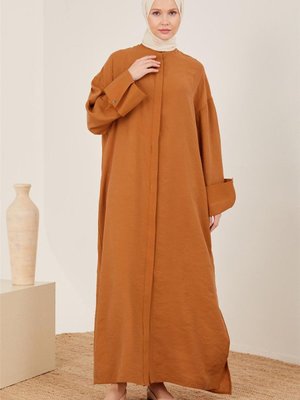 Duble Kollu Kuşaklı Naturel Ferace Tarçın