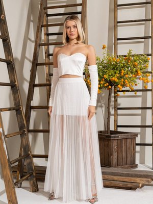 Offwhite Yüksek Bel Transparan Tamamı Pileli Ve Beli Lastikli Uzun Etek