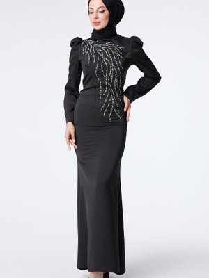 Sıyah Önü Taş Desen Kolları Büzgülü Abiye Elbise