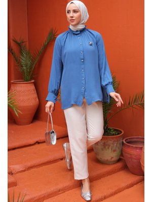 İndigo Broşlu Gömlek