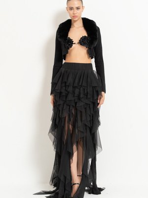 Siyah Bel Lastikli Kat Kat Tüllü Uzun Etek