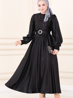 Siyah Beli Lastikli Saten Elbise