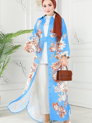 Mavi Etnik Desenli Atlas Elbise