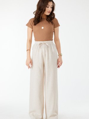 Bej Çizgili Bol Pantolon