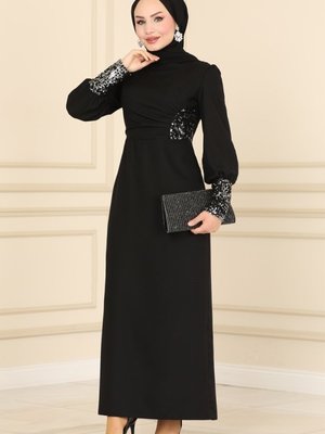 Siyah & Gümüş Pul Detaylı Krep Elbise