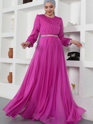 Pilise Detaylı Abiye Elbise Fuşya Pilise Detaylı Abiye Elbise Fuşya