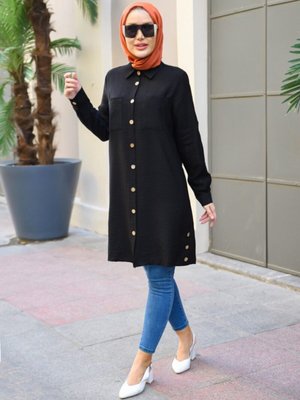 Yandan Üç Düğmeli Çift Cepli Gömlek Tunik Siyah