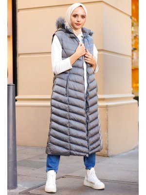 Gri Uzun Yakasi Kürklü Dolgu Yelek