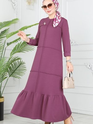 Koyu Lila Dikiş Detaylı Elbise
