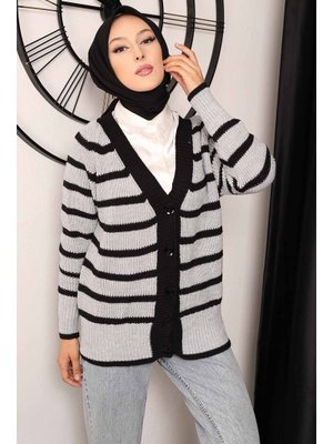 Gri Çizgili Triko Hırka