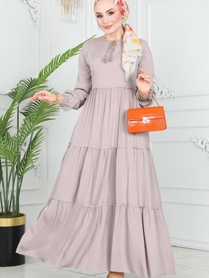 Bej Yakası Bağlamalı Viskon Elbise