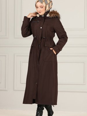 Acı Kahve İçi Kürklü Bondit Trençkot Acı Kahve İçi Kürklü Bondit Trençkot