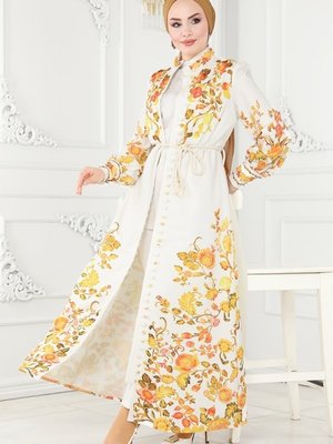 Ekru Çiçek Desenli Atlas Elbise Ekru Çiçek Desenli Atlas Elbise