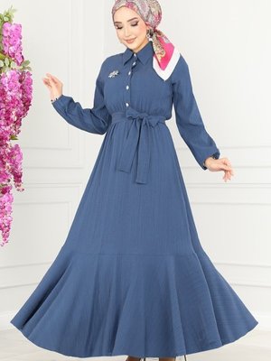 İndigo Eteği Fırfırlı Kemerli Elbise