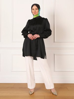 Saten Balon Kol Tunik Siyah