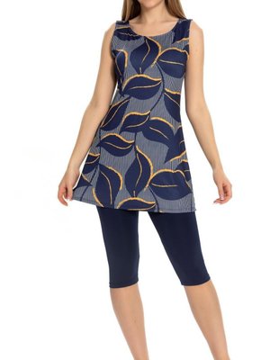 Lacivert Yaprak Desenli Yarı Kapalı Likralı Mayo