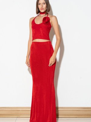 Kırmızı Beli Lastikli Uzun Etek