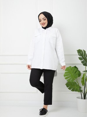 Doğal Kumaşlı Cep Detaylı Ceket Beyaz