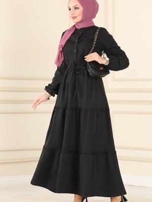 Siyah Dantel Detaylı Kışlık Elbise