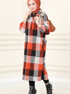 Oranj Cep Detaylı Ekose Tunik Oranj Cep Detaylı Ekose Tunik