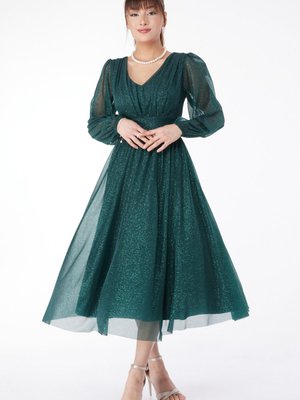 Düz Orta Zümrüt V Yaka Büzgülü Elbise