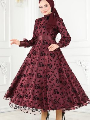 Bordo Çiçek Desenli Abiye Elbise Bordo Çiçek Desenli Abiye Elbise