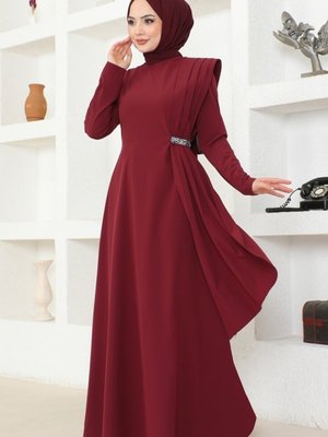 Bordo Drapeli Pul Detaylı Elbise Bordo Drapeli Pul Detaylı Elbise