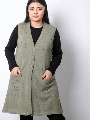 Laden Büyük Beden Ince Uzun Boncuklu Anne Triko Yelek