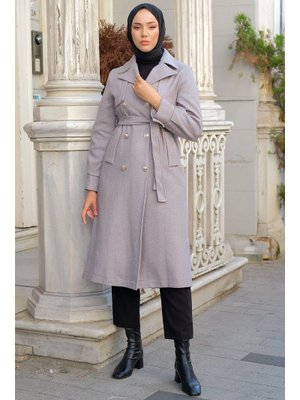 Gri Kuşaklı Düğmeli Kaşe Kaban Gri Kuşaklı Düğmeli Kaşe Kaban