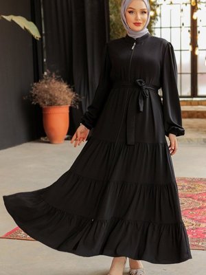Siyah Eteği Katlı Medine İpeği Ferace