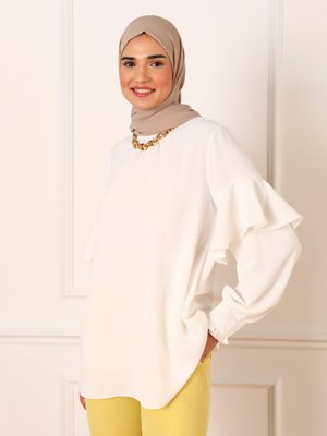 Off White Fırfır Detaylı İpek Tuşeli Bluz
