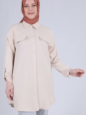 Bej Büyük Beden Taş Cepli Tunik